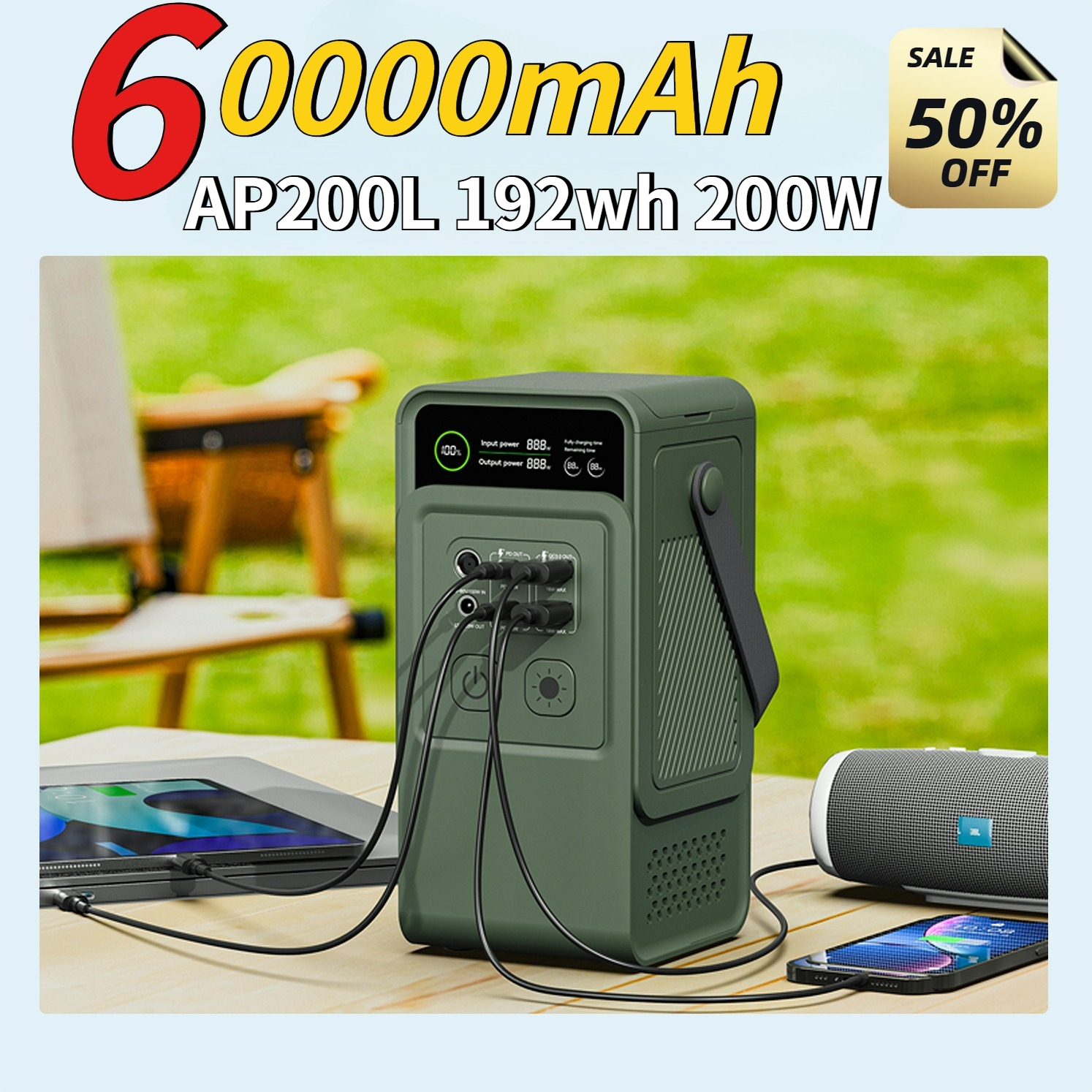 Solar Emergency Charger - 60000mAh 200W 192Wh Camping Power Station
