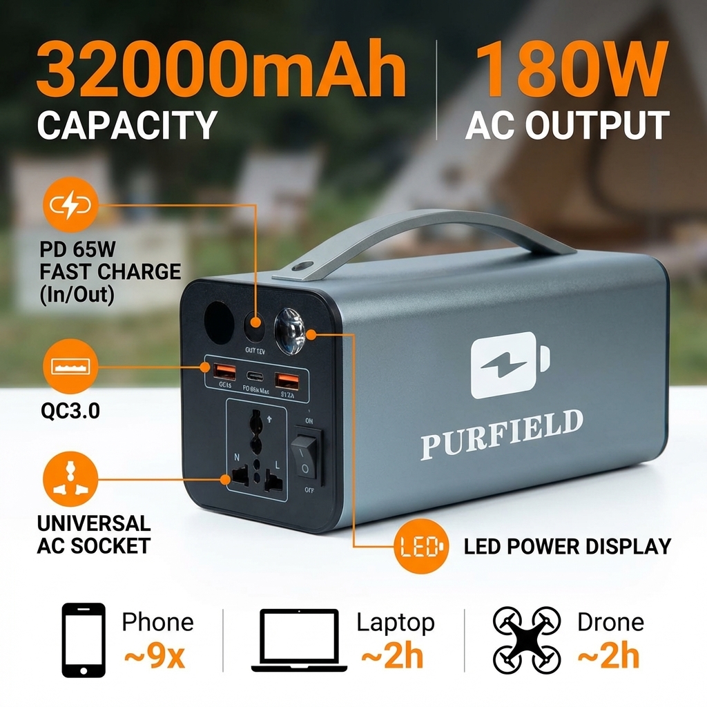 Solar Emergency Charger - 180W Outdoor Power Station 32000mAh 118.4Wh